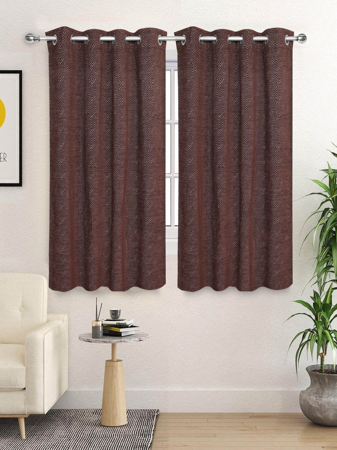 

Saral Home Brown 2 Pieces Pacman Woven Design Black Out Window Curtains