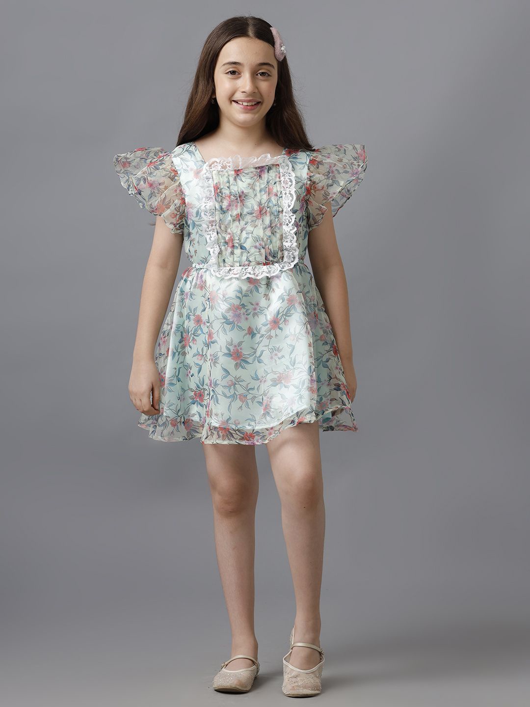 

UNDER FOURTEEN ONLY Floral Print Flutter Sleeve A-Line Dress, Green