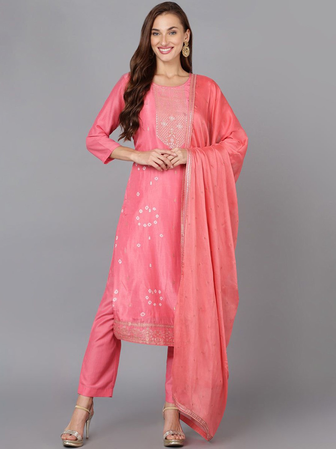 

AHIKA Bandhani Printed Regular Zari Straight Kurta with Trousers & Dupatta, Pink