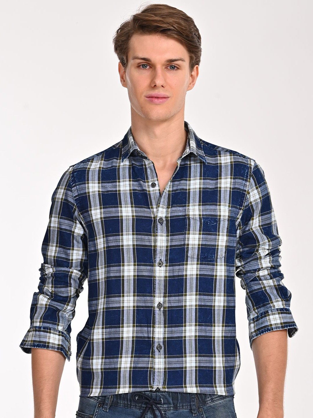 

POE Men Smart Slim Fit Tartan Checks Opaque Checked Casual Shirt, Green