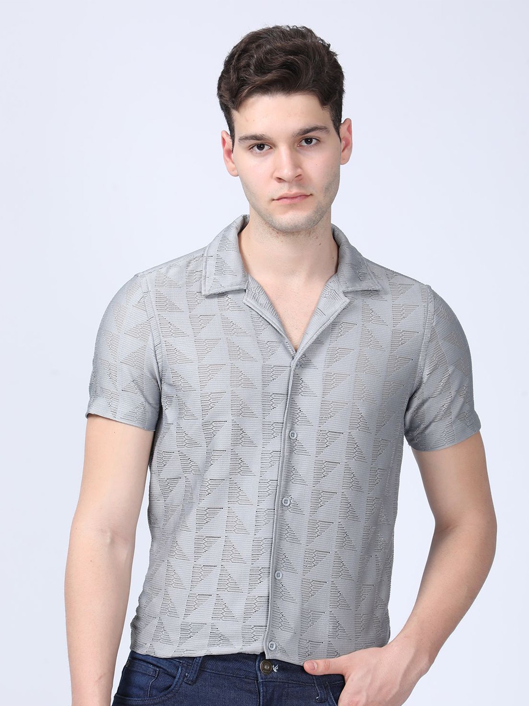 

POE Men Smart Slim Fit Opaque Striped Casual Shirt, Grey