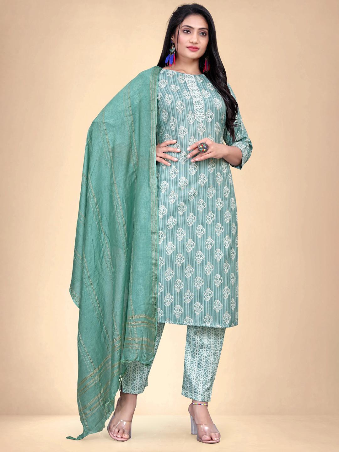 

Abhilasha Women Floral Printed Regular Kurta with Trousers & With Dupatta, Green