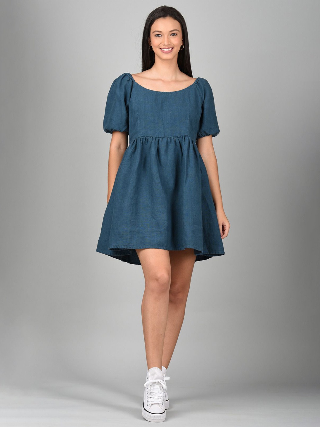 

Linen Options Puff Sleeve A-Line Dress, Blue