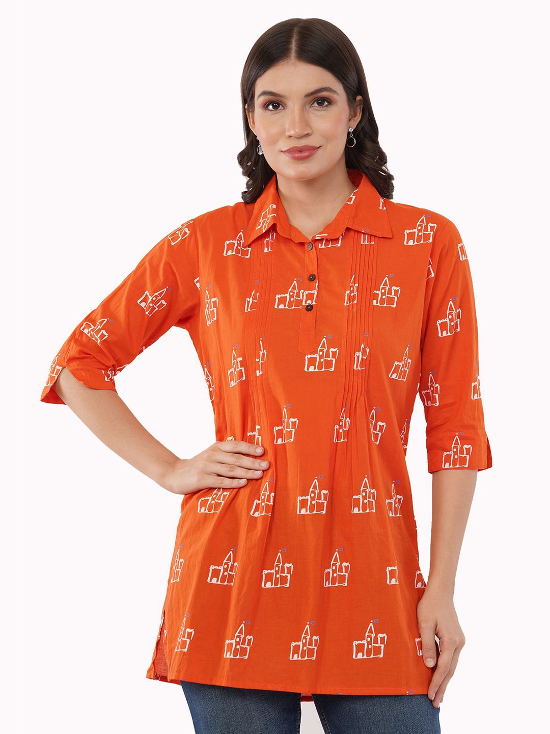 

Linen Options Women Printed Shirt Collar Cotton Tunic, Orange