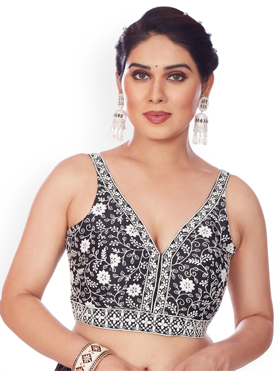 

Mmore Embroidered V- Neck Saree Blouse, Black