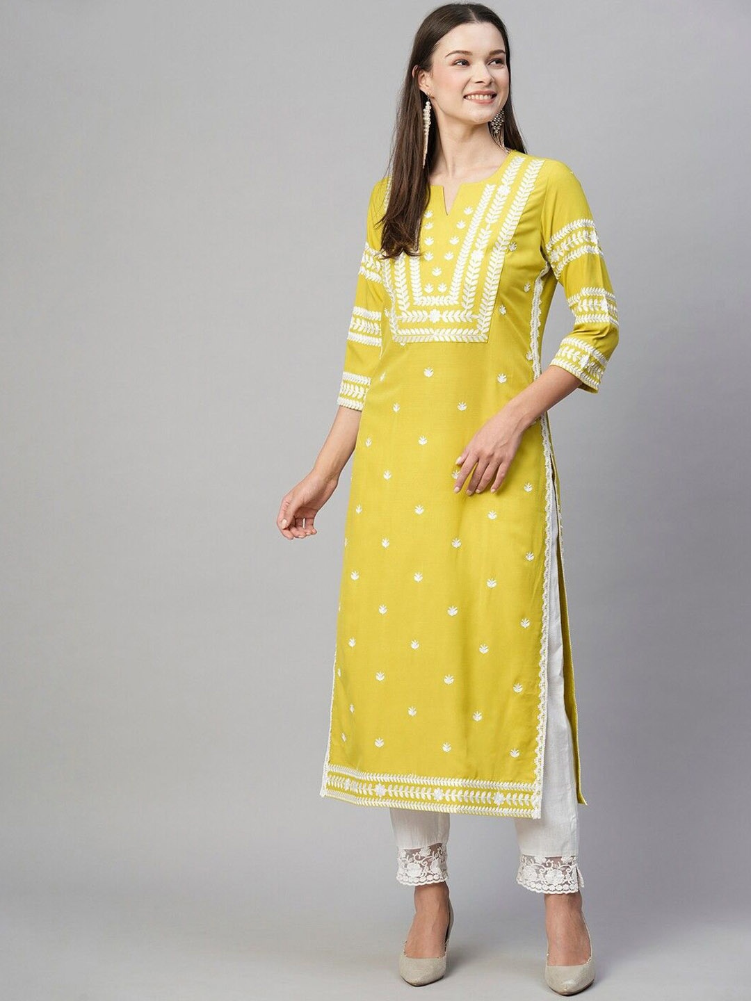 

GoSriKi Women Quirky Embroidered Chikankari Kurta, Yellow