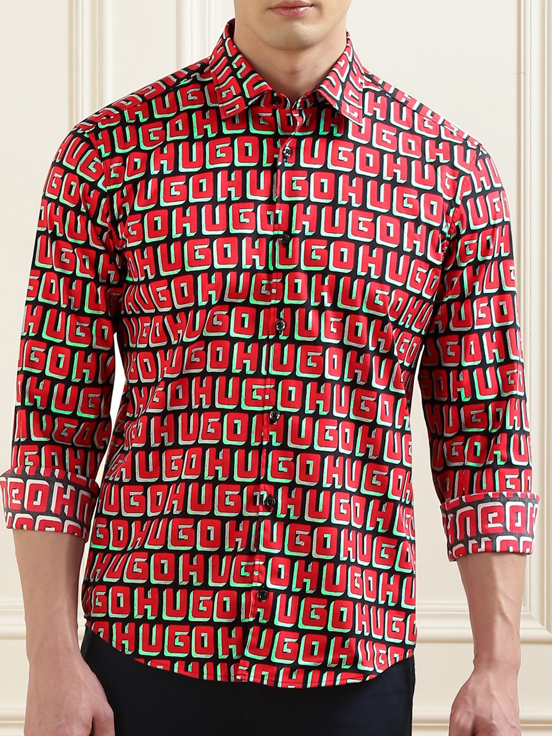 

HUGO Men Slim Fit Opaque Printed Formal Shirt, Red