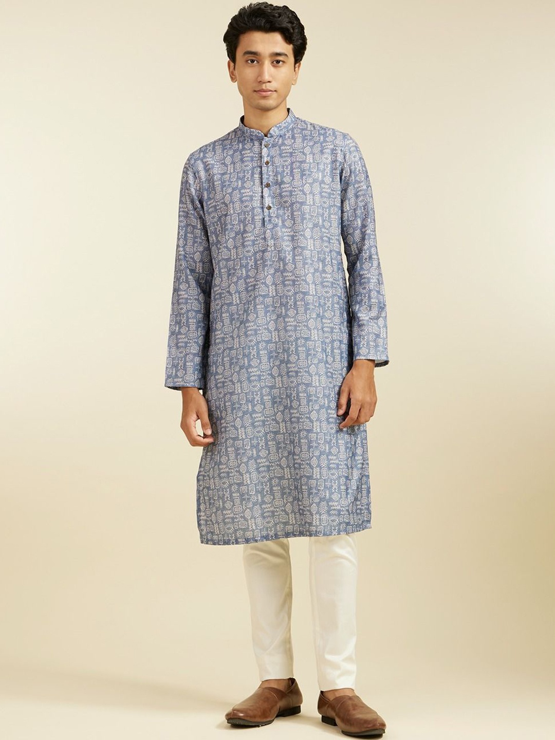 

Diwas by Manyavar Geometric Printed Mandarin Collar Straight Kurta, Grey