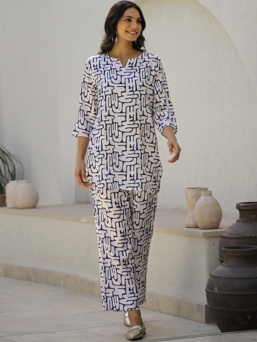 

FLAVIA CREATION Printed Pure Cotton Top With Trouser, Blue