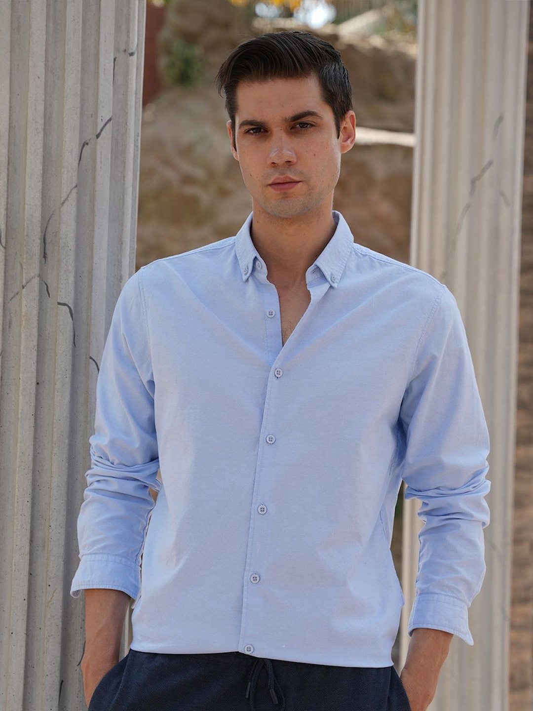 

POE Men Smart Slim Fit Opaque Striped Casual Shirt, Blue