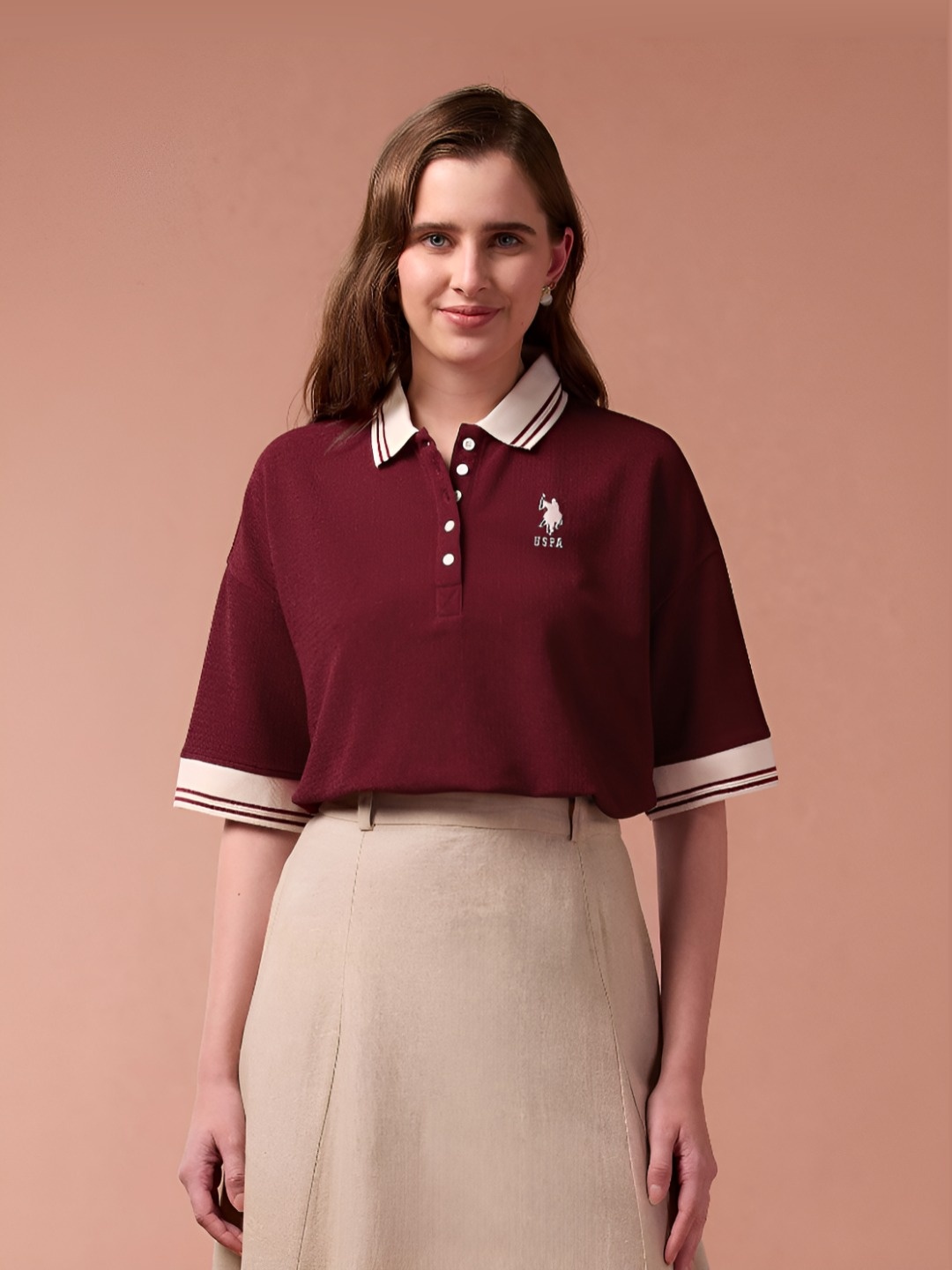 

U.S. Polo Assn. Women Solid Polo Collar Oversized T-shirt, Maroon