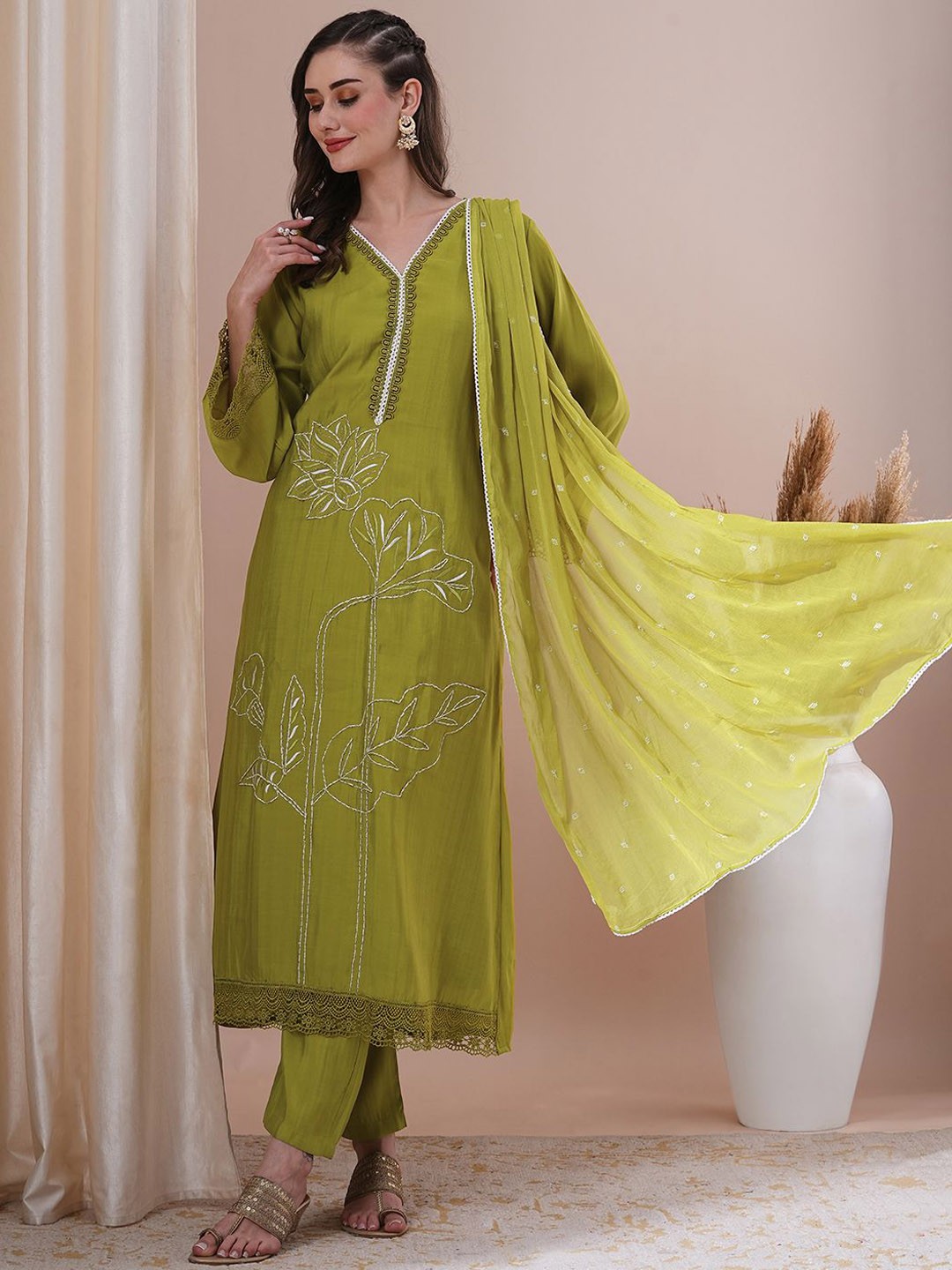 

FASHOR Women Regular Kurta with Trousers & With Dupatta, Lime green
