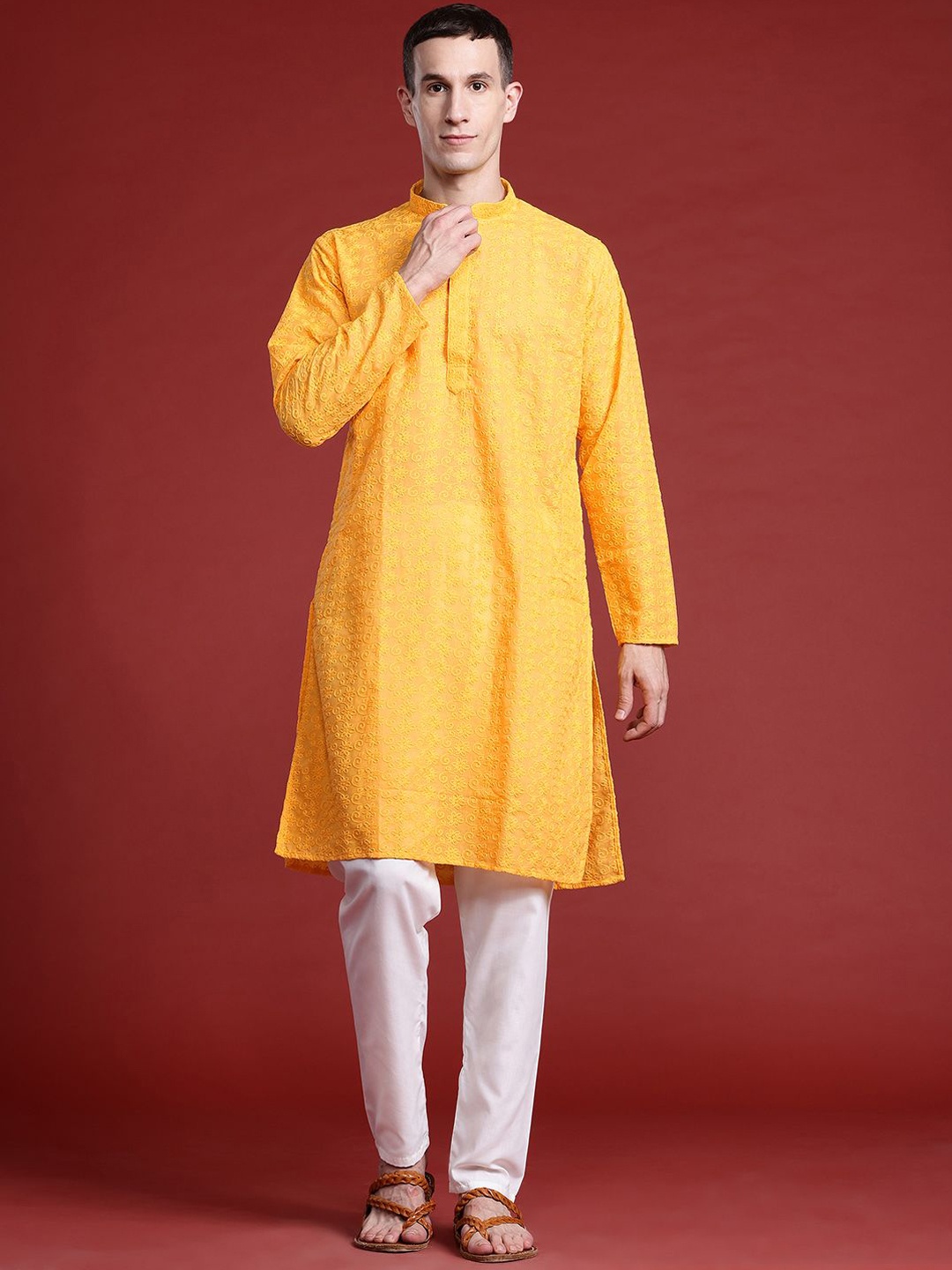 

MANQ Floral Embroidered Thread Work Mandarin Collar Pure Cotton Straight Kurta, Yellow