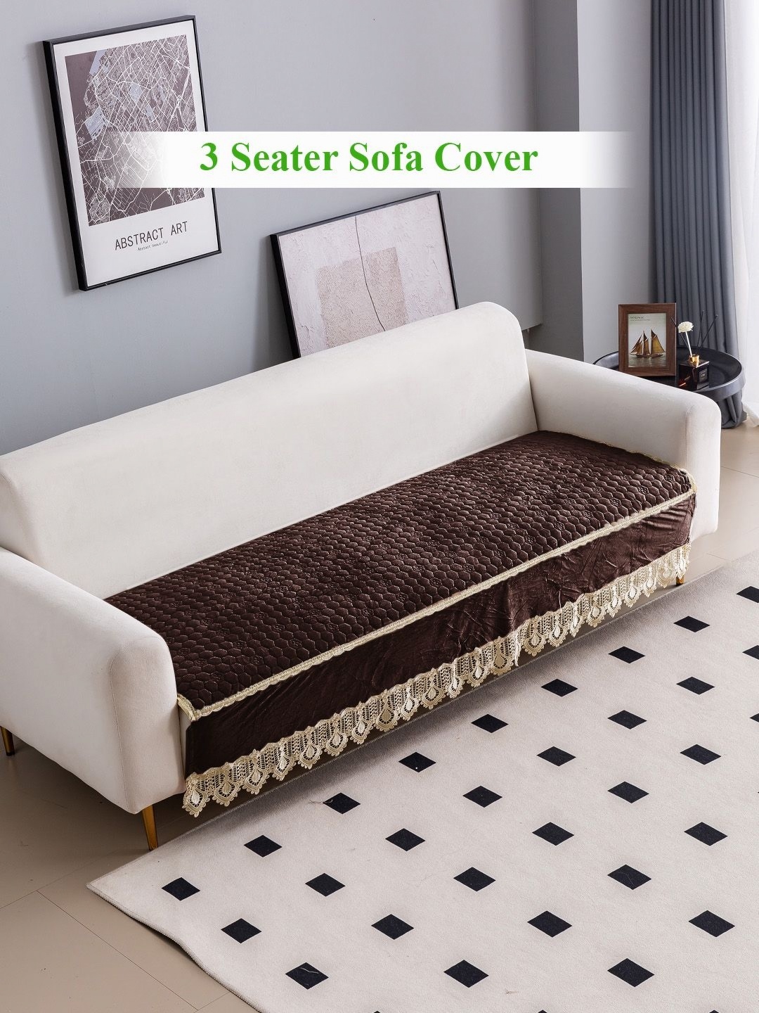 

HOKIPO Coffee Brown & Off White Premium Dutch Velvet Anti Slip 3 Seater Sofa Cover