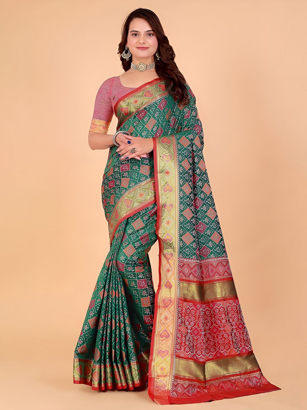 

Mitera Woven Design Zari Silk Blend Patola Saree, Green