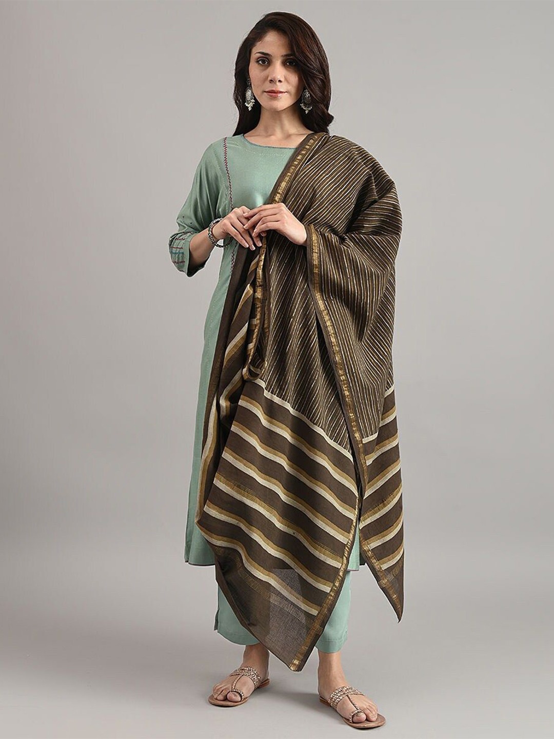 

JAYPORE Striped Dupatta with Zari, Brown