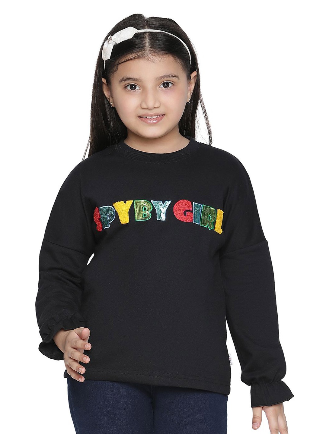 

SPYBY Girls Typography Printed Round Neck Acrylic Pullover Sweatshirt, Black