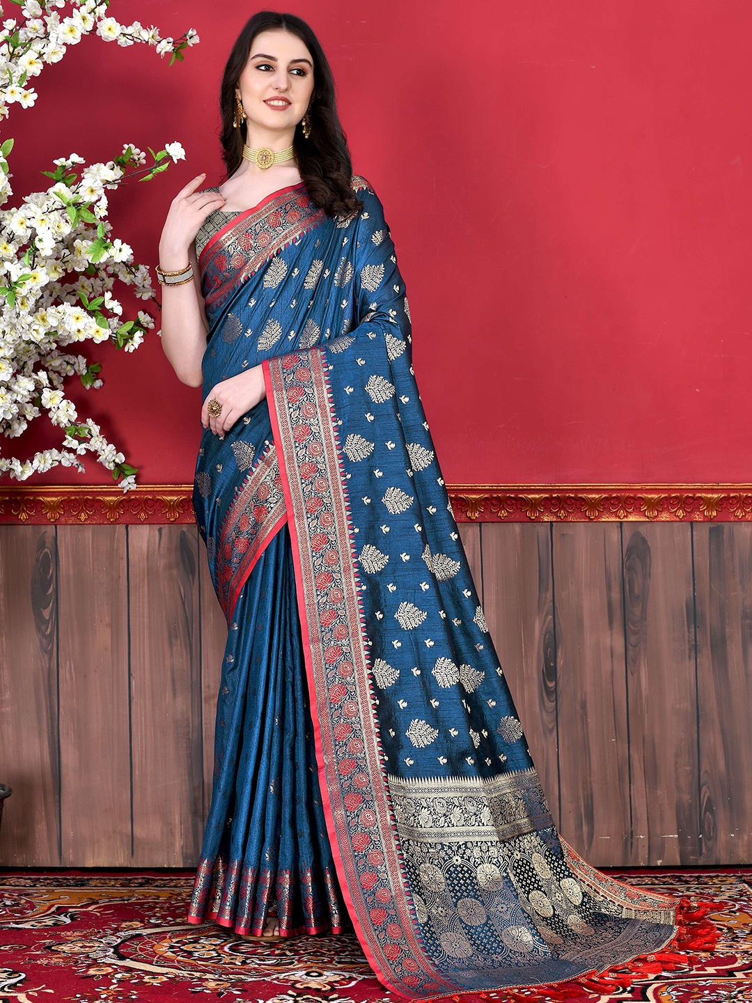 

Zeekha Woven Design Zari Pure Silk Kanjeevaram Saree, Blue