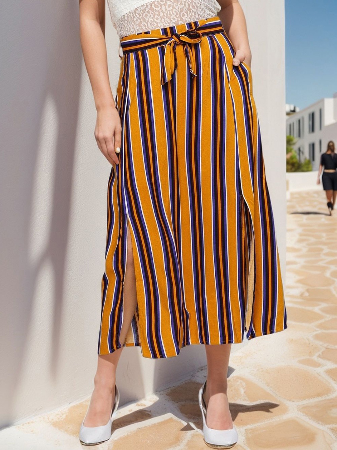 

RARE Women Striped A-Line Midi Skirt, Mustard