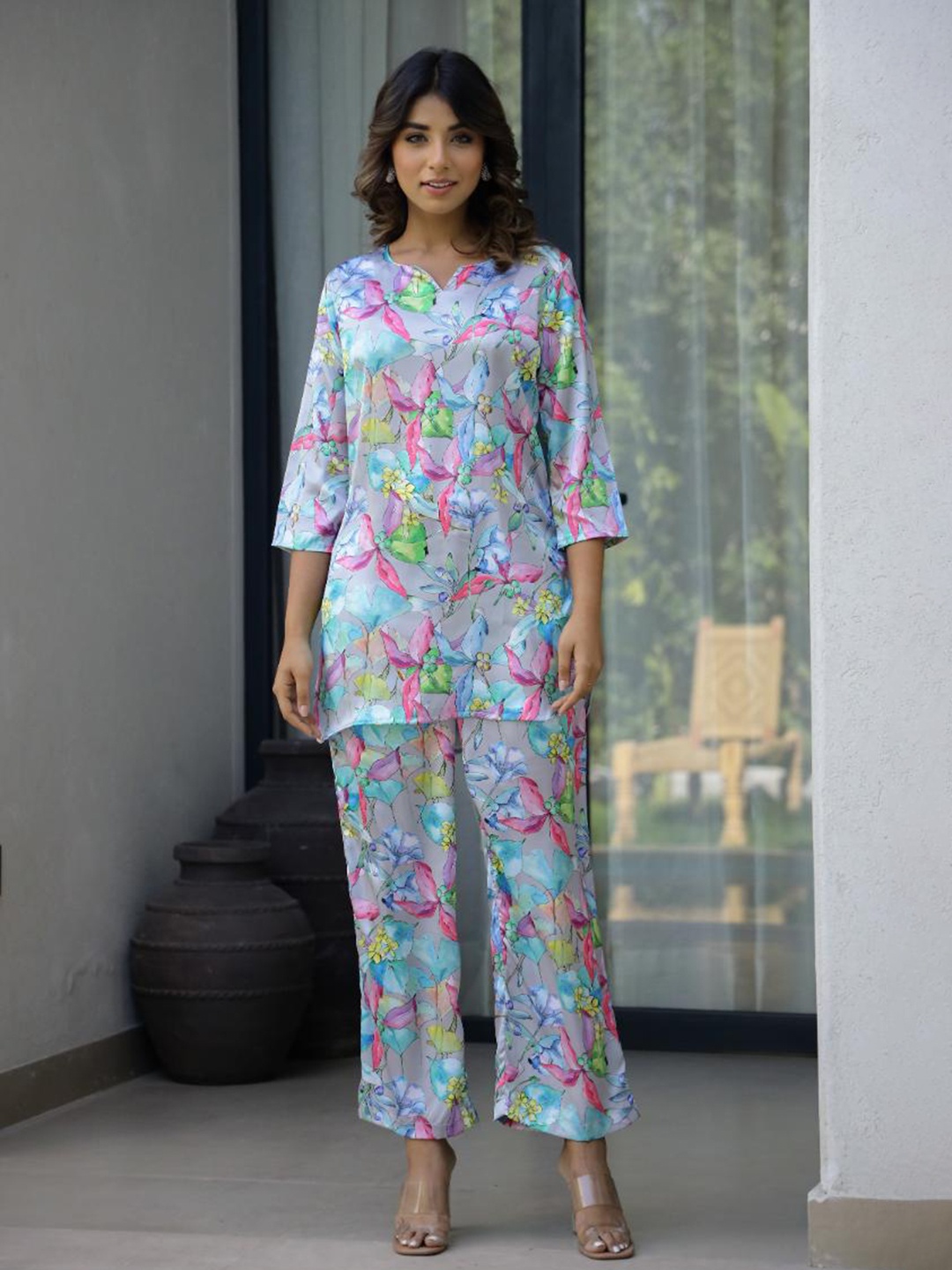 

FLAVIA CREATION Printed Pure Cotton Tunic With Trousers, Grey