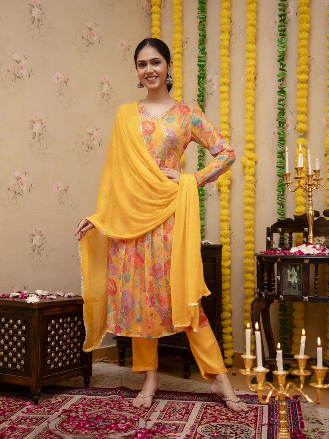 

Chandbaali Floral Embroidered Regular A-Line Kurta with Trousers & Dupatta, Mustard