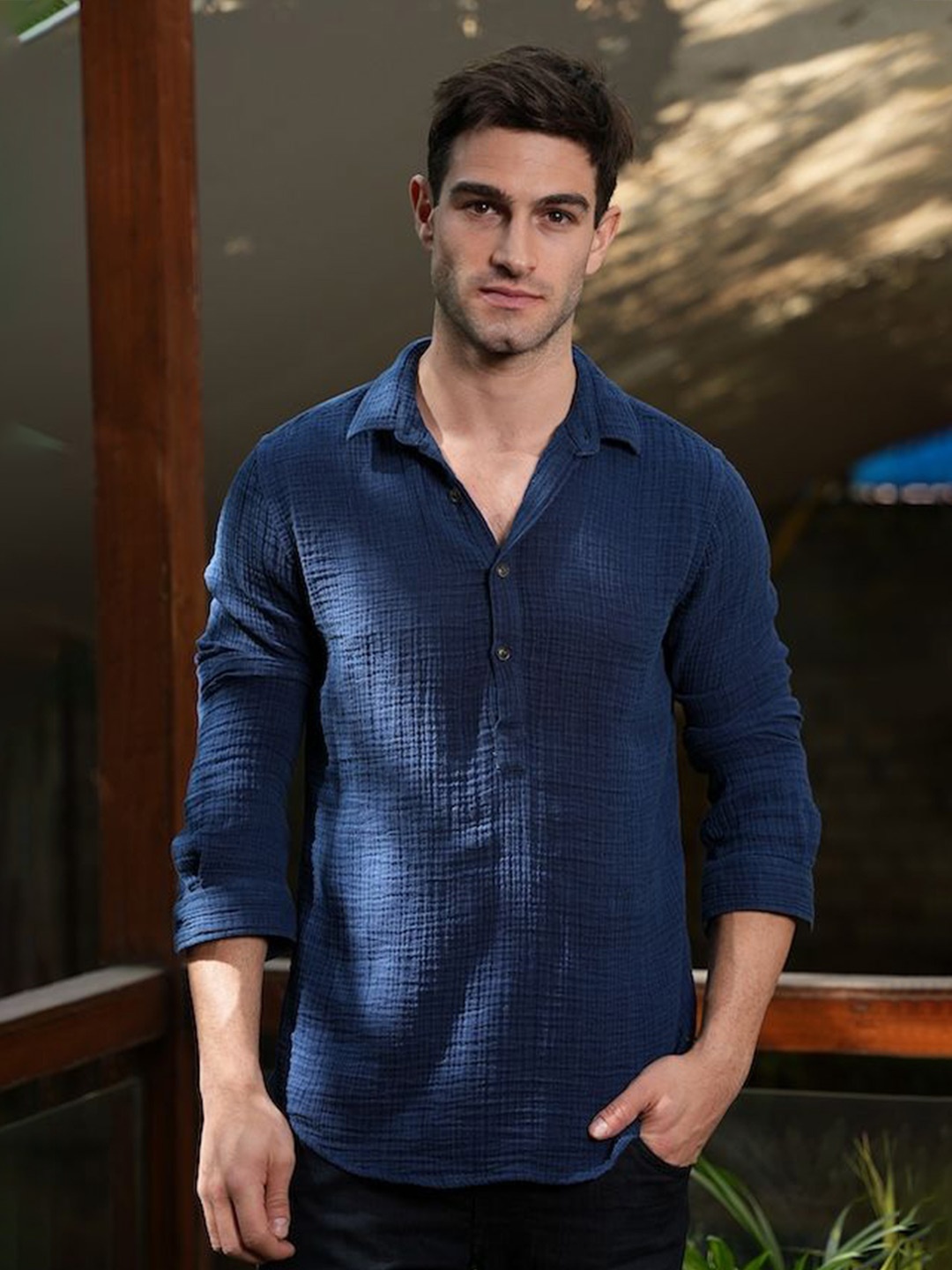 

POE Men Smart Slim Fit Opaque Checked Casual Shirt, Navy blue