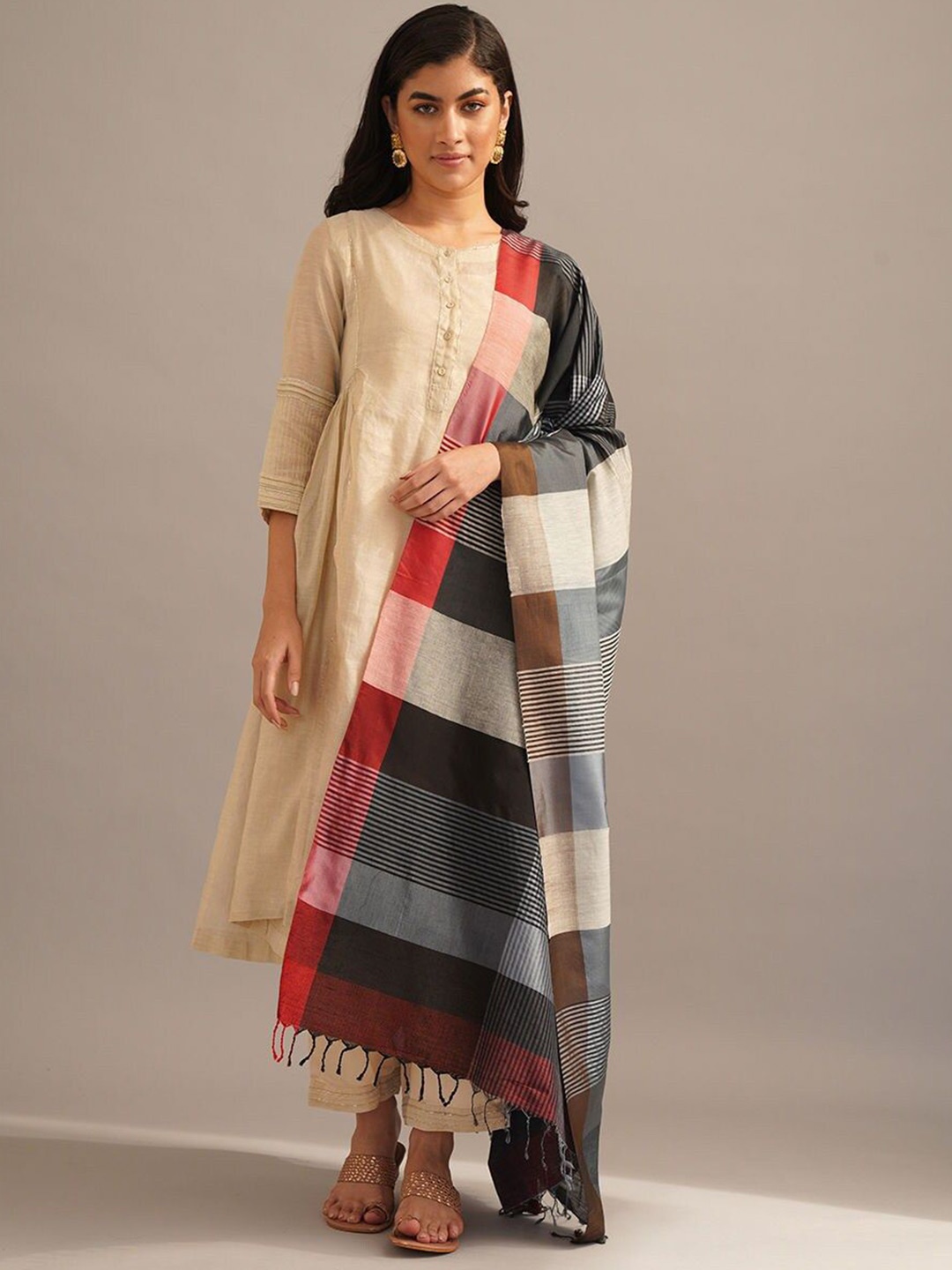 

JAYPORE Striped Cotton Silk Dupatta, Grey