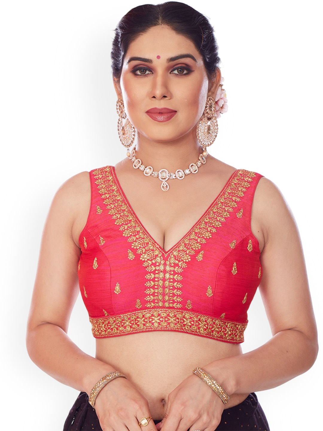 

Mmore Embroidered Padded Saree Blouse, Pink