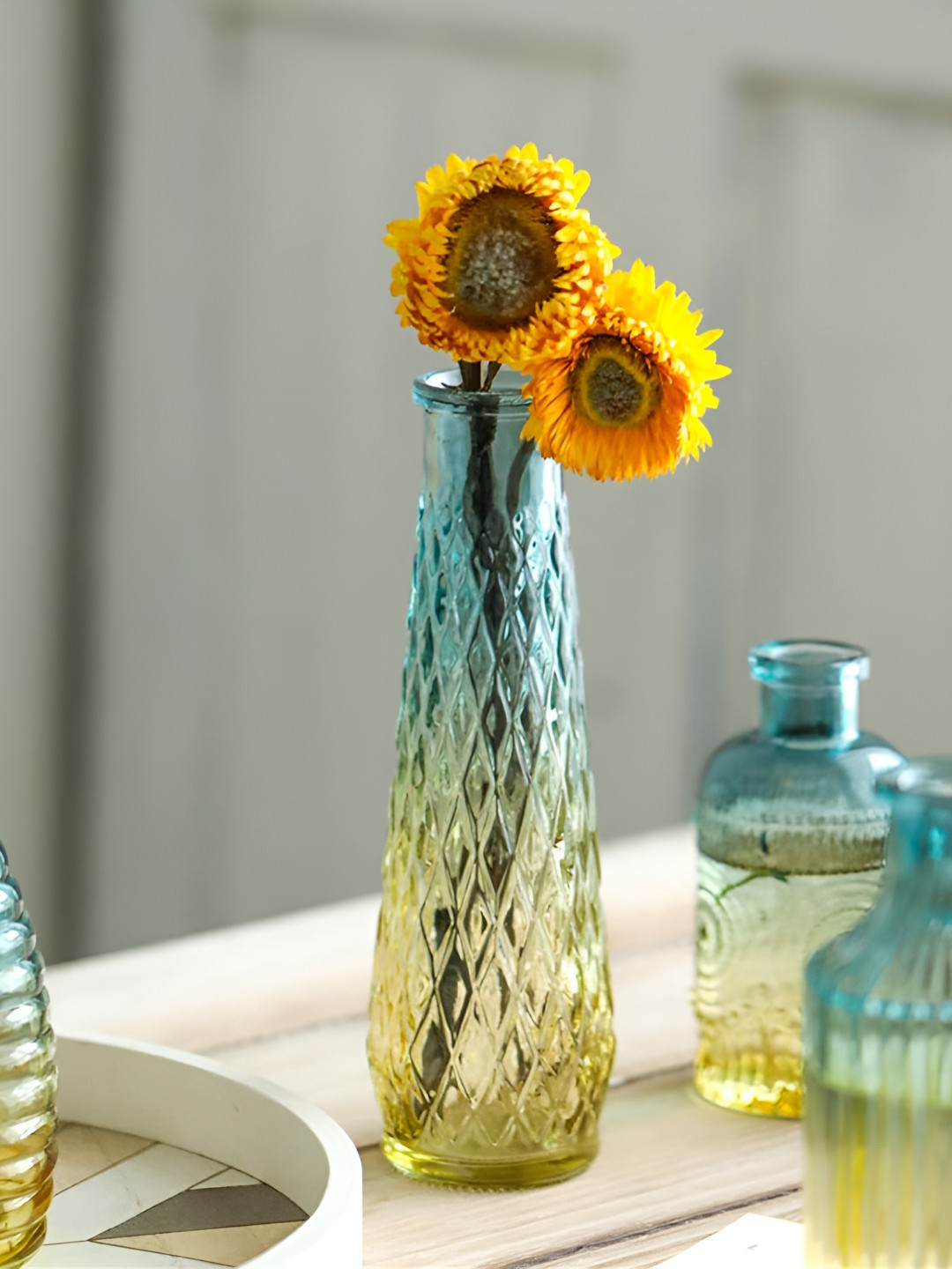 

Art Street Yellow & Blue Embossed Glass Flower Vase