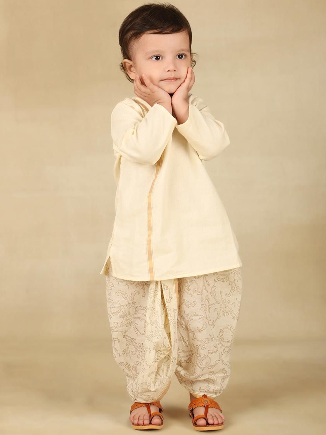 

Fabindia Boys Mandarin Collar Long Sleeves Straight Kurta with Dhoti Pants, White