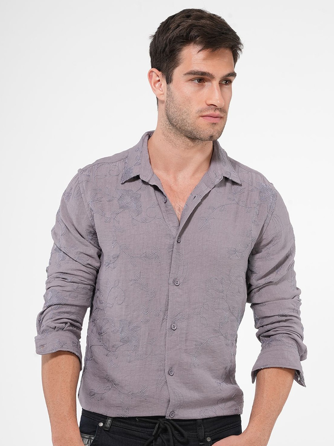 

POE Men Smart Slim Fit Opaque Casual Shirt, Purple
