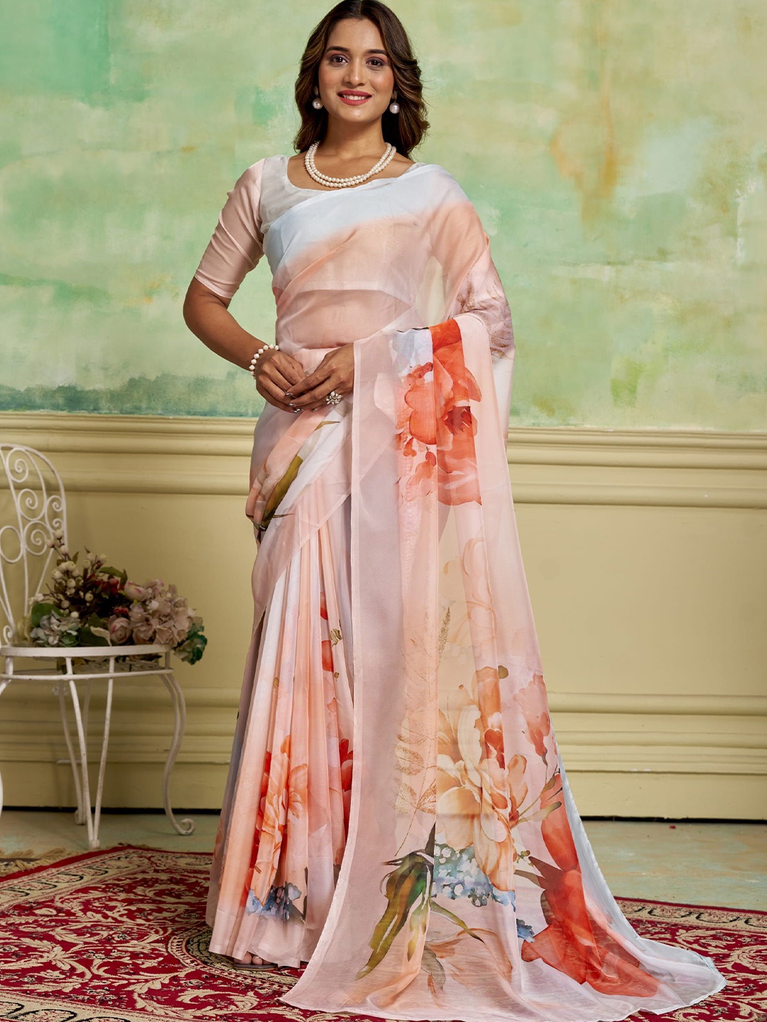 

KAYOMMI Floral Printed Organza Saree, Peach