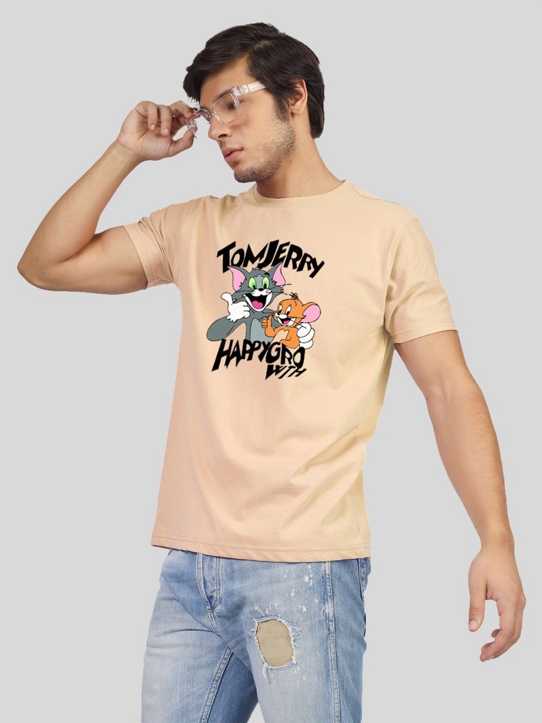 

Greylongg Men Graphic Printed Round Neck Cotton T-shirt, Beige