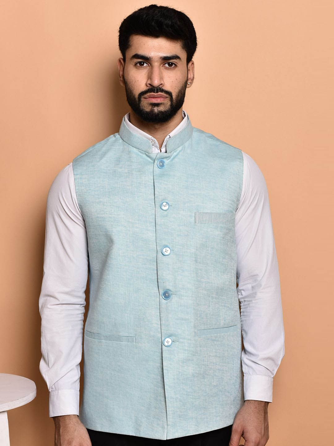 

PRINTCULTR Textured Woven Nehru Jacket, Blue