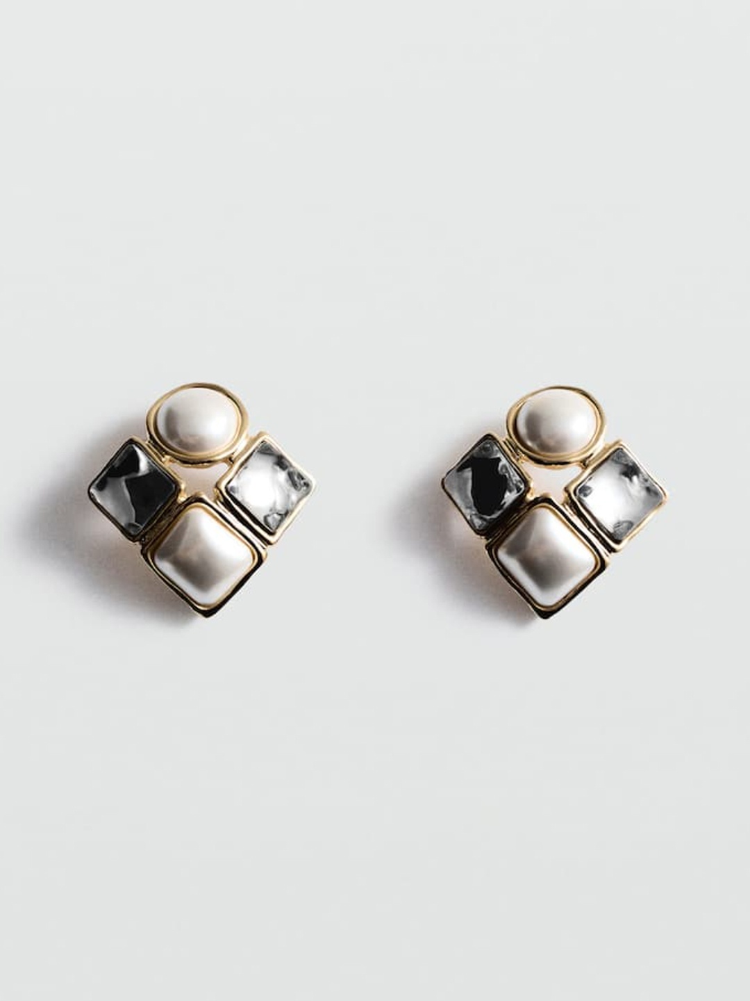 

MANGO Stone-Studded & Beaded Geometric Studs Earrings, Off white