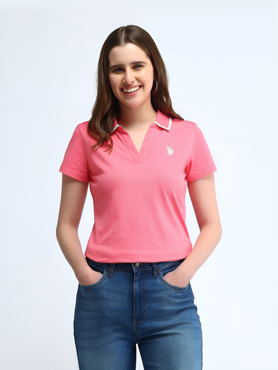 

U.S. Polo Assn. Women Solid Polo Collar Cotton T-shirt, Pink