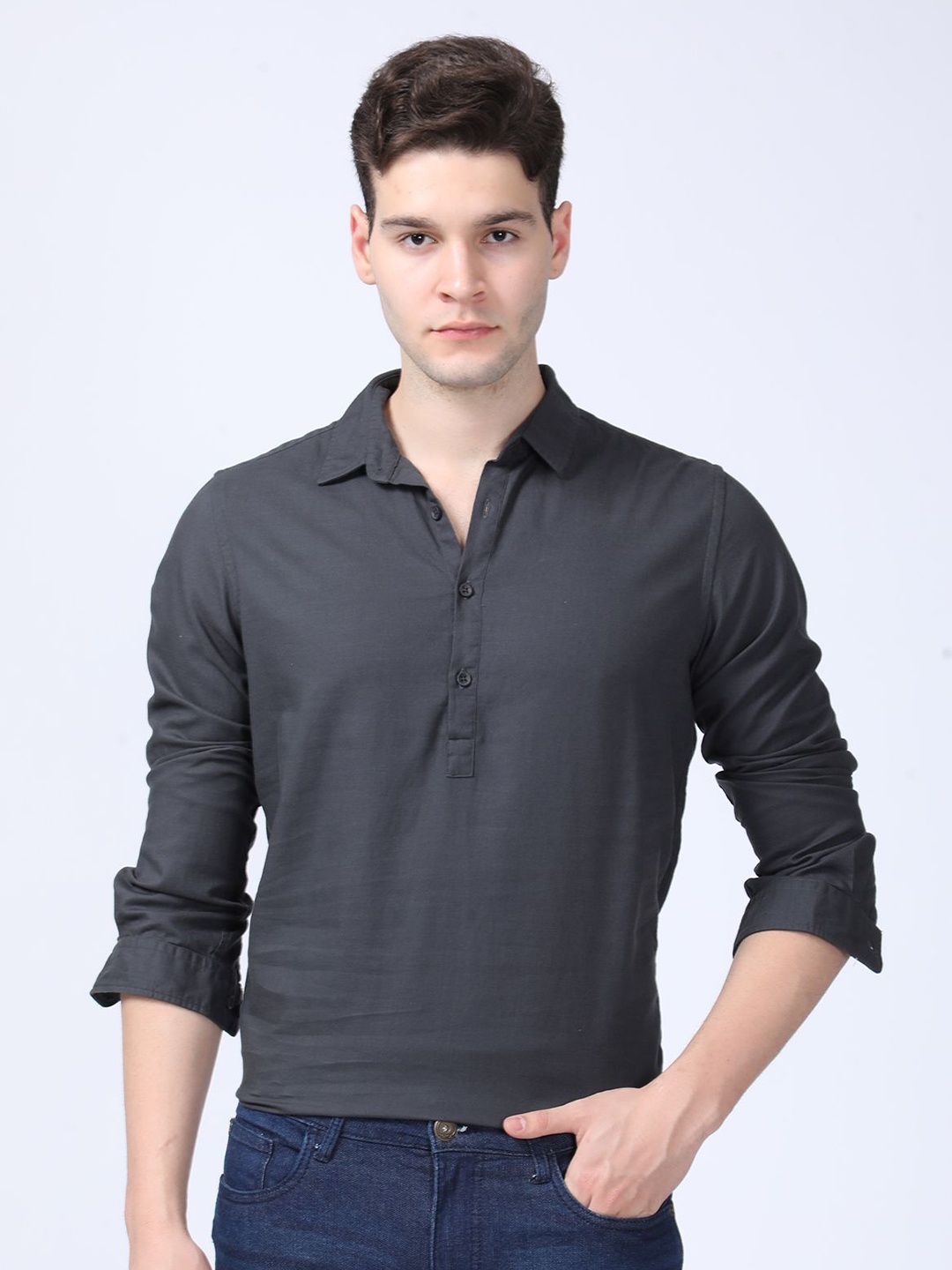 

POE Men Smart Slim Fit Opaque Casual Shirt, Grey