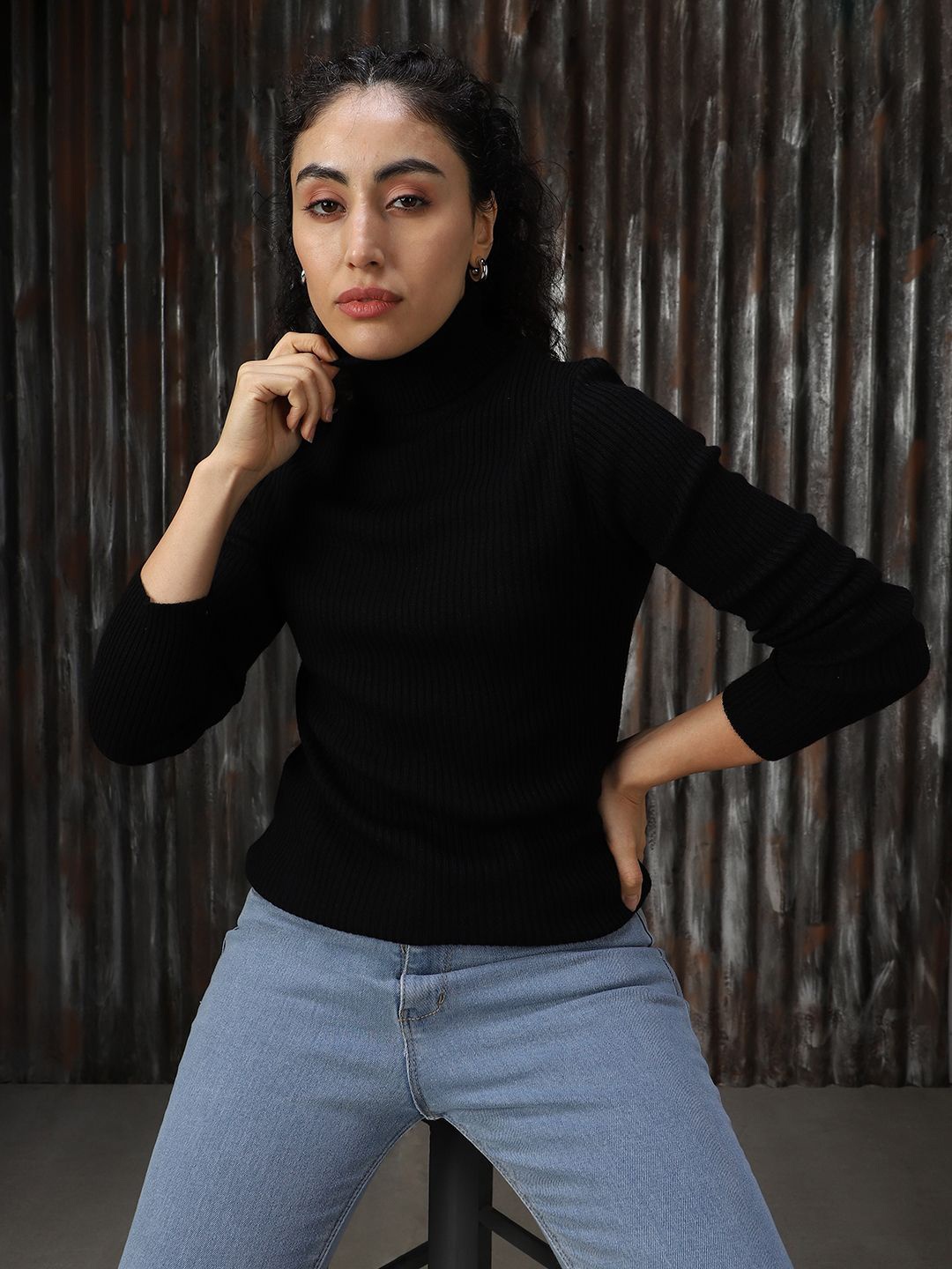 

High Star Women Ribbed High Neck Pullover, Black