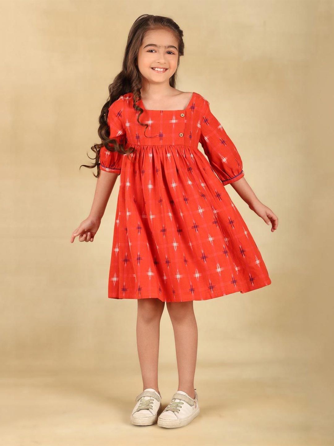 

Fabindia Floral Girls Puff Sleeve Fit & Flare Dress, Orange