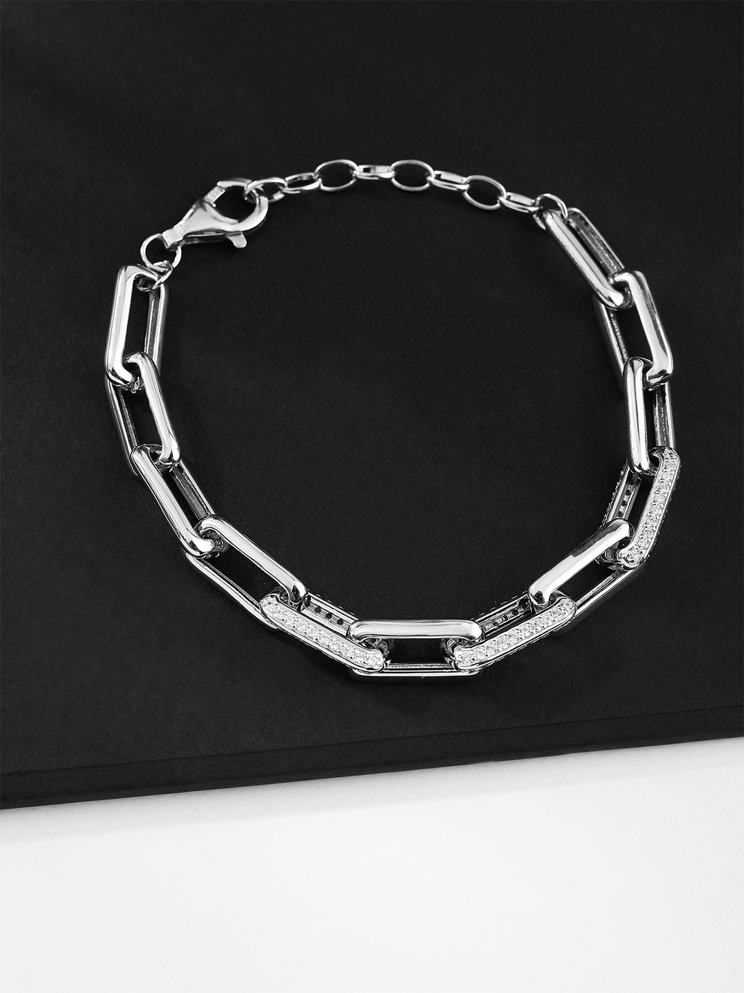 

DIAVO Men 925 Sterling Silver Rhodium-Plated Stone Studded Riddle Link Bracelet