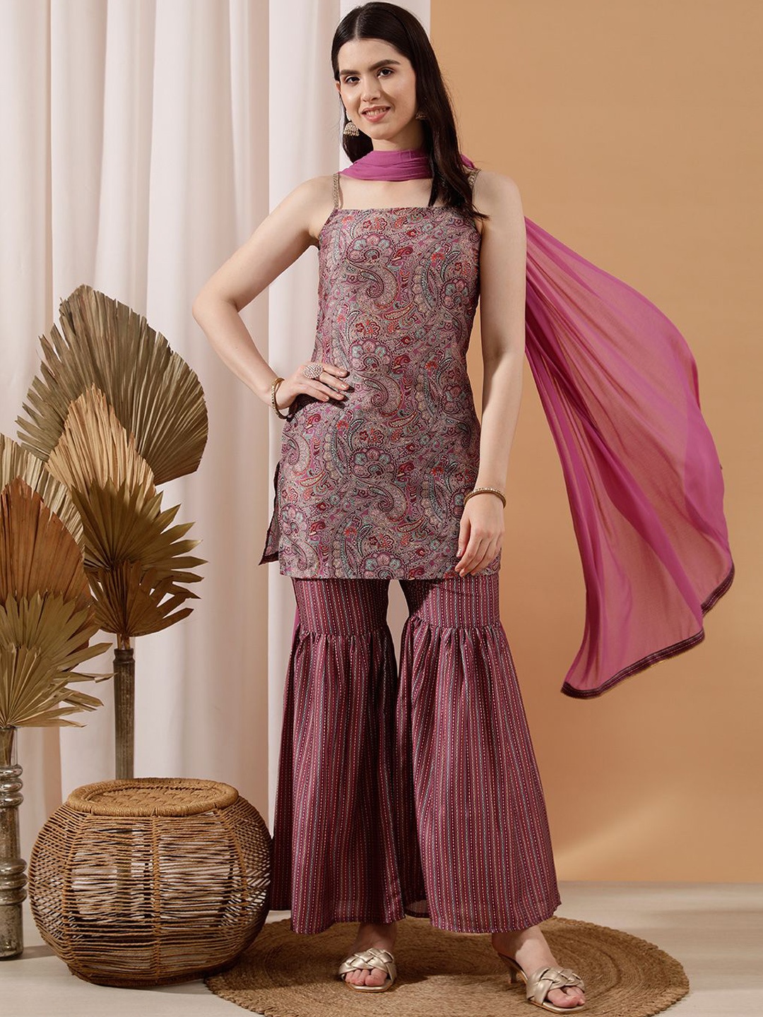 

indo street Women Paisley Printed Regular Silk Crepe Kurti with Sharara & With Dupatta, Pink