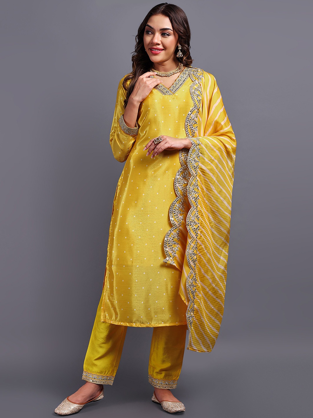 

DISHWA FASHION Bandhani Printed Straight Sequinned Kurta with Trousers & Dupatta, Mustard