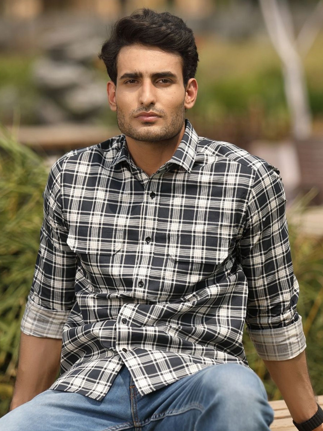

PERCH Men India Slim Spread Collar Tartan Checked Cotton Casual Shirt, Navy blue