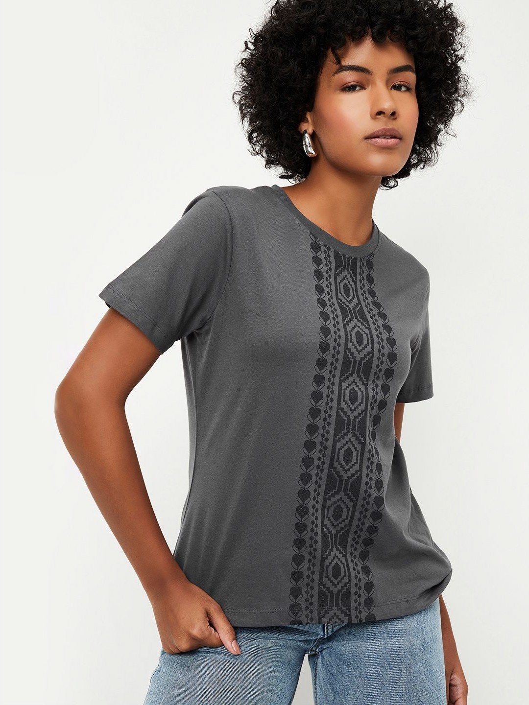 

max Women Abstract Printed Round Neck Cotton T-shirt, Grey