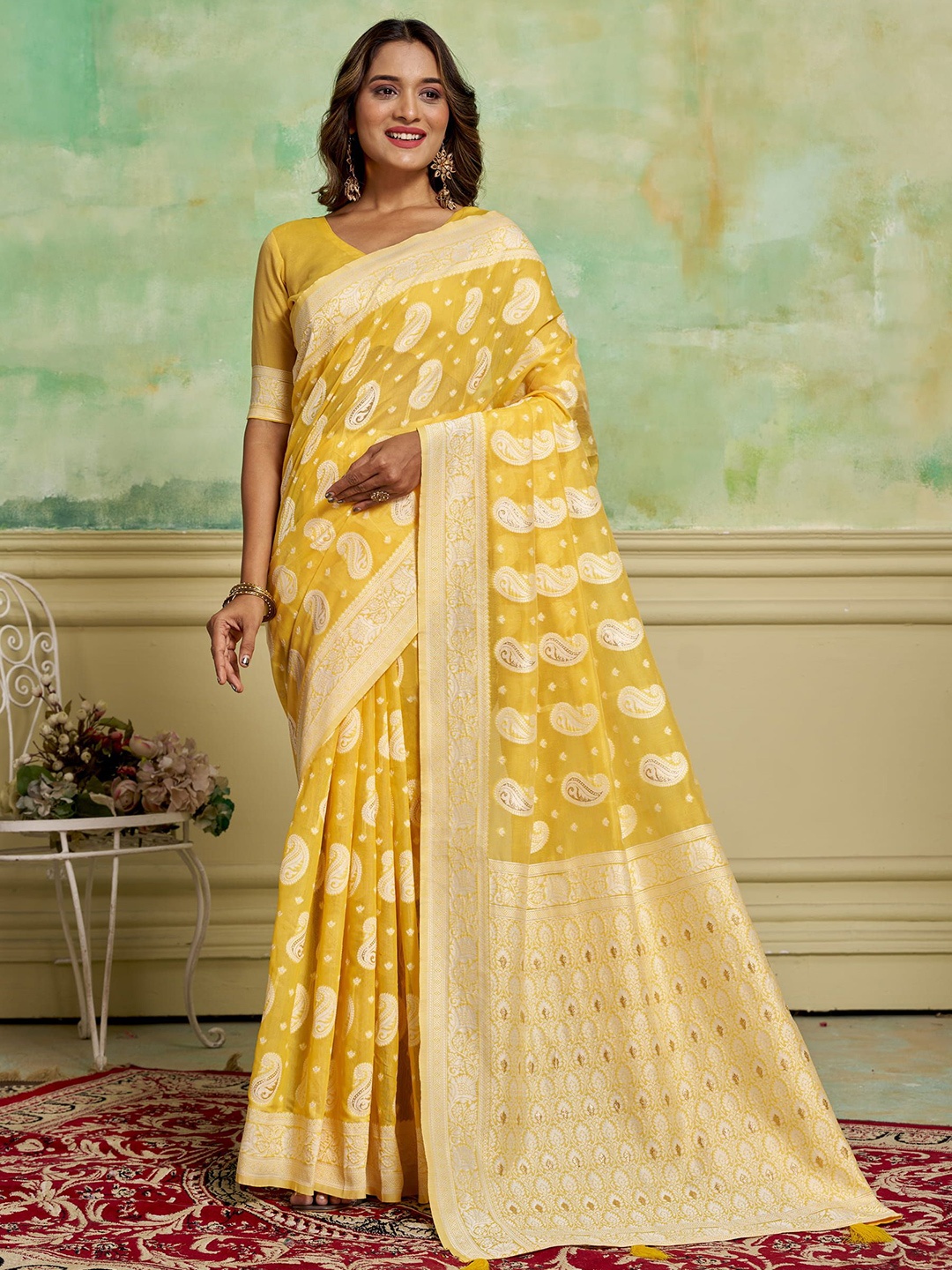 

KAYOMMI Ethnic Motifs Zari Pure Cotton Banarasi Saree, Yellow