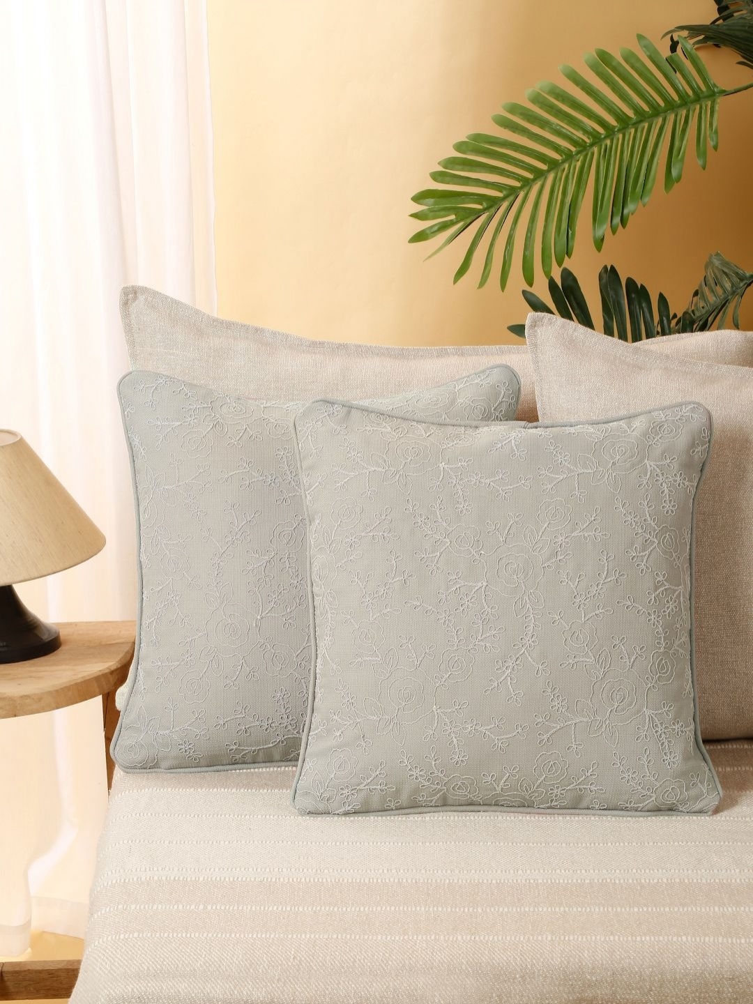 

eyda Grey 2 Pieces Embroidered Cushion Covers