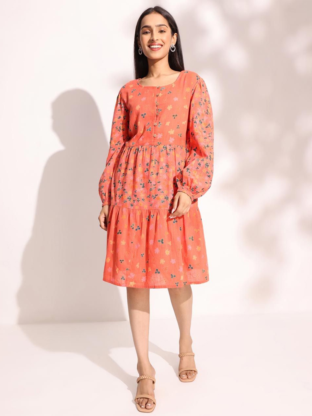 

Fabindia Floral Print Fit & Flare Dress, Coral