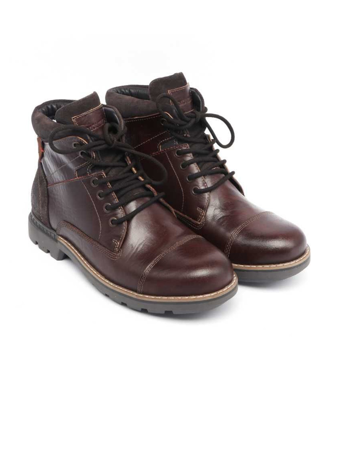 

MONDAIN Men Leather Mid-Top Lace-up Boots, Brown