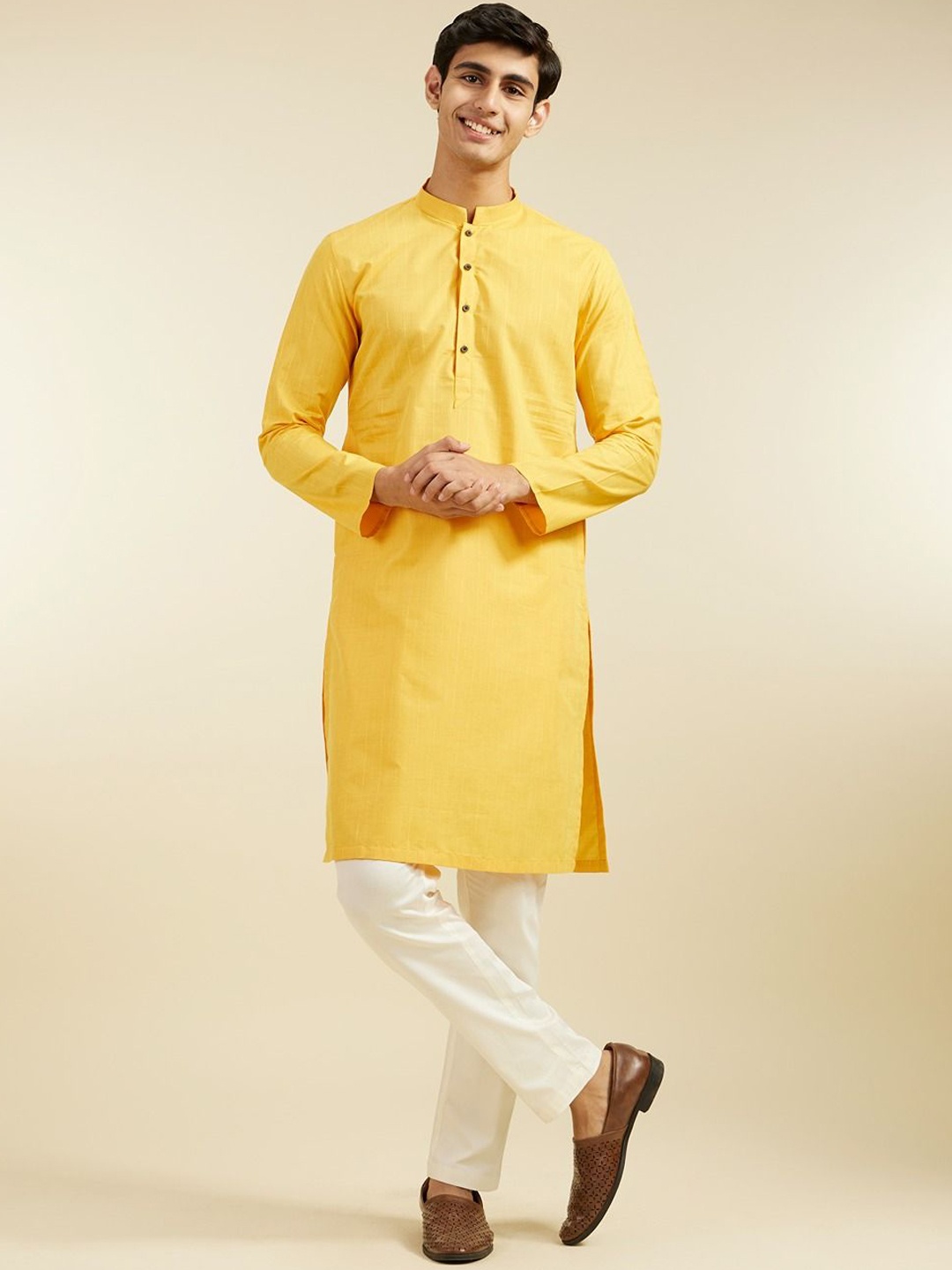 

Diwas by Manyavar Striped Mandarin Collar Straight Kurta, Mustard