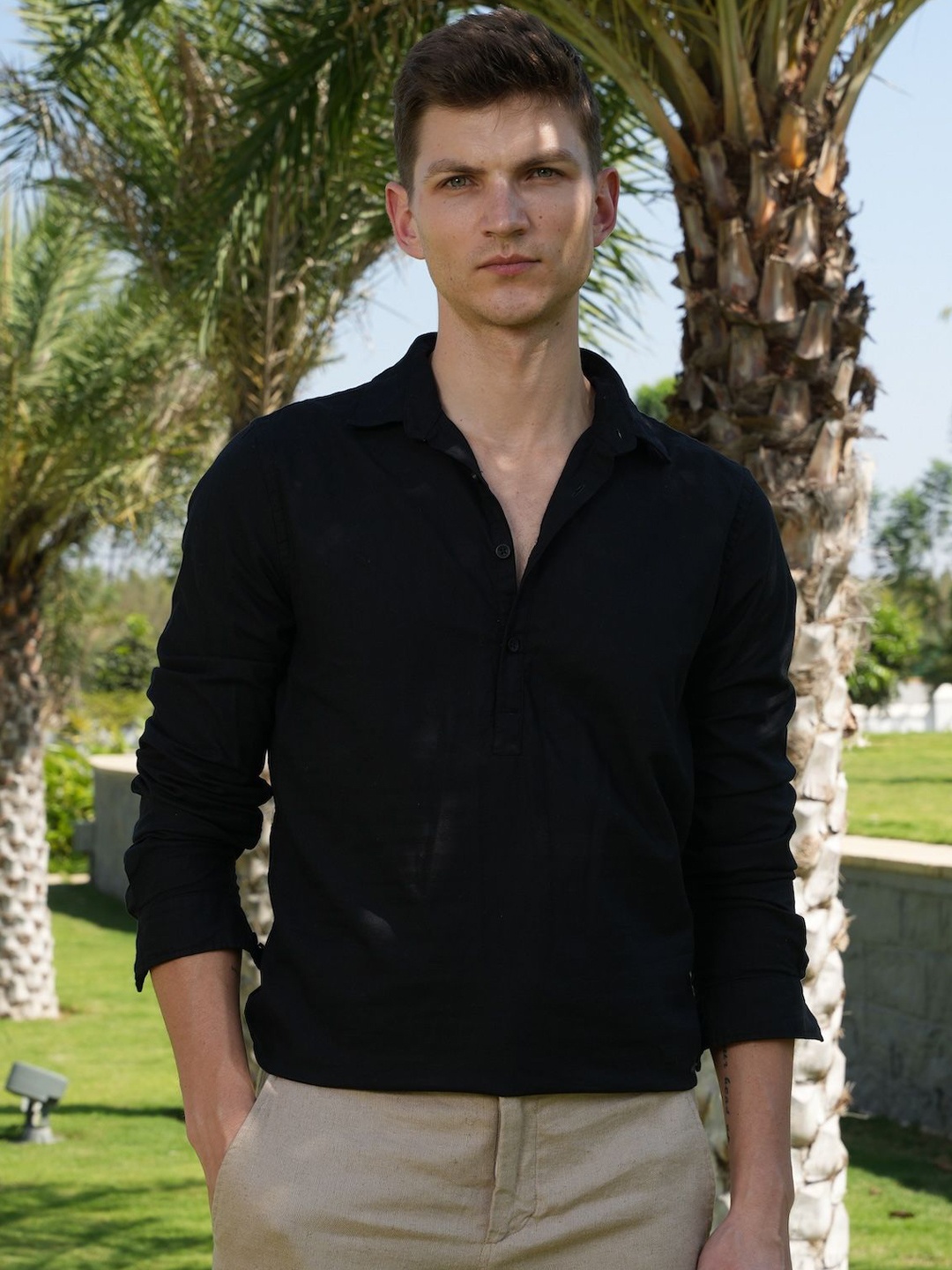 

POE Men Smart Slim Fit Opaque Casual Shirt, Black